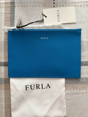 Furla Saffiano Zip Pouch in Cerulean Turquoise Blue